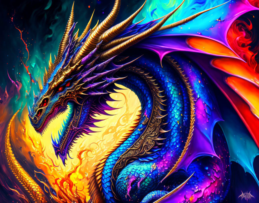 Colorful Dragon Artwork with Golden Horns and Cosmic Flames