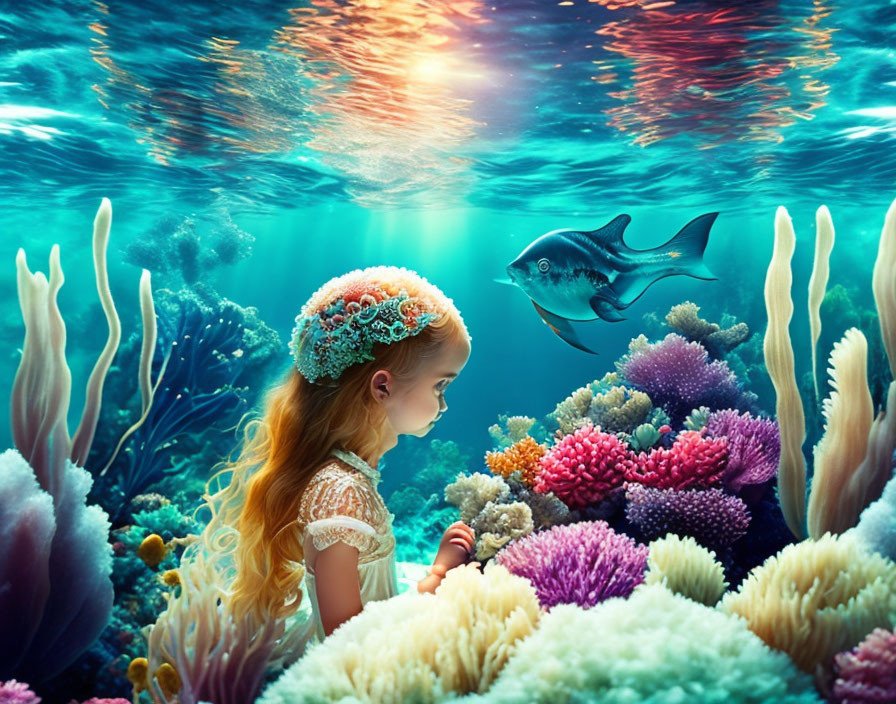 Young girl in flowery headband observes vibrant underwater world with colorful coral and fish.