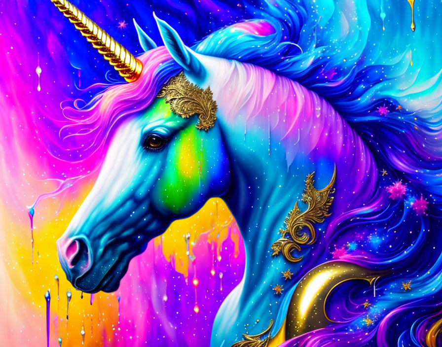 Colorful Mythical Unicorn Illustration with Golden Horn in Cosmic Background