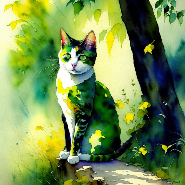 Vibrant watercolor painting of green cat in leafy setting