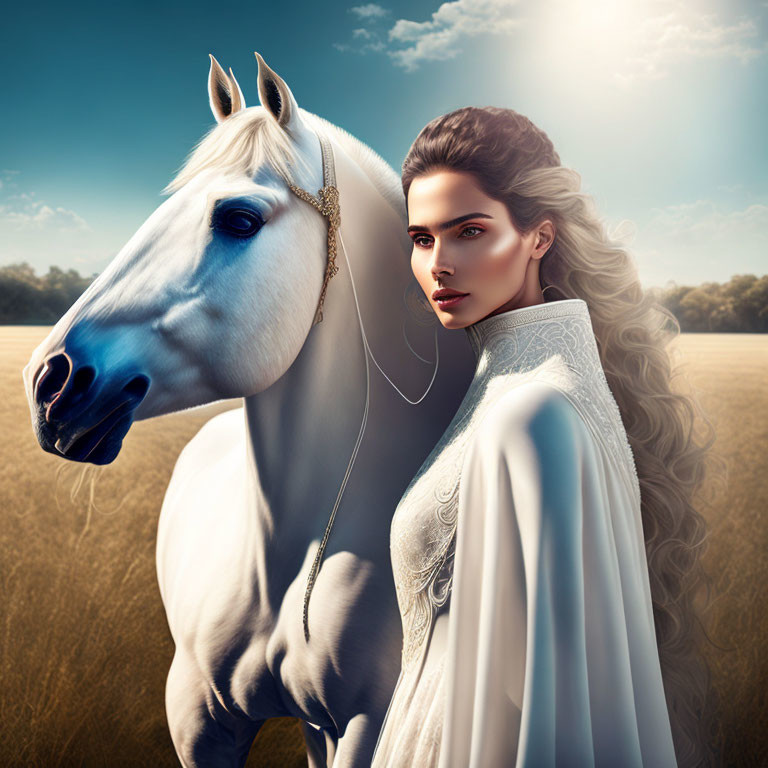 Woman with voluminous hair and white cloak beside white horse in sunlit field