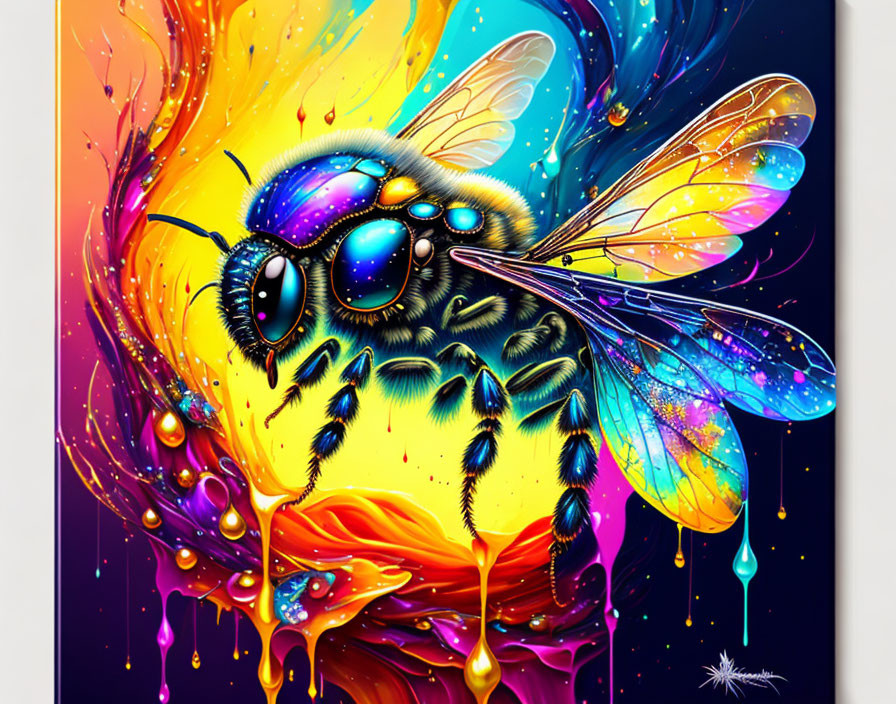 Colorful digital artwork of a glossy bee on vibrant backdrop