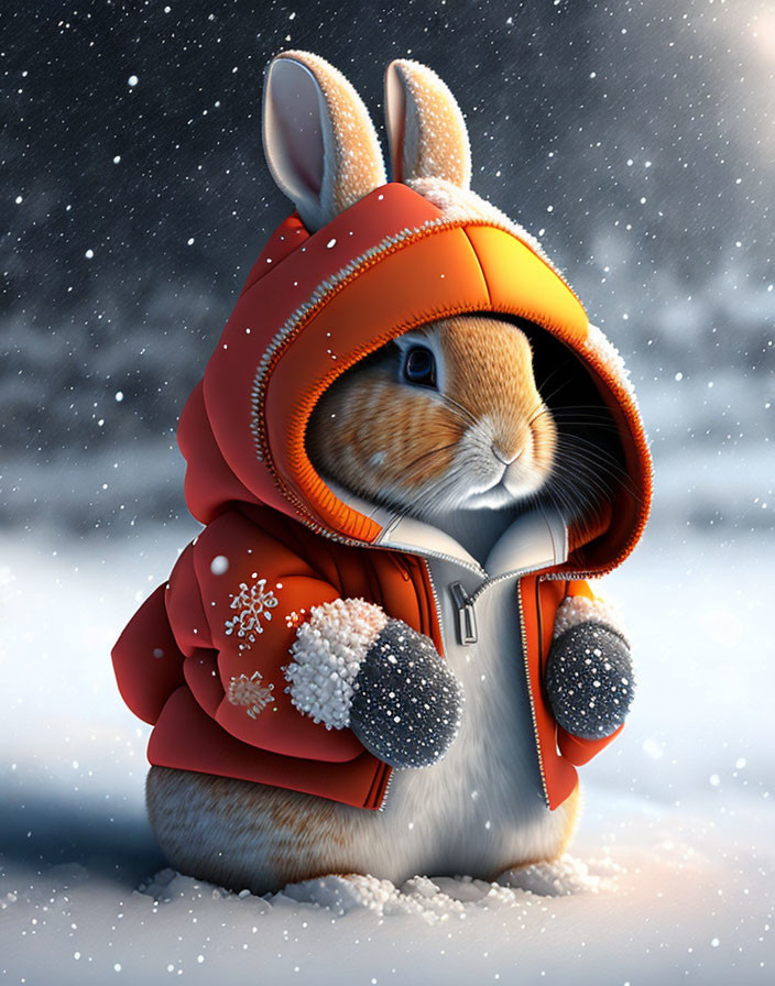 Illustration of Rabbit in Orange Hoodie & Red Jacket in Snowy Scene