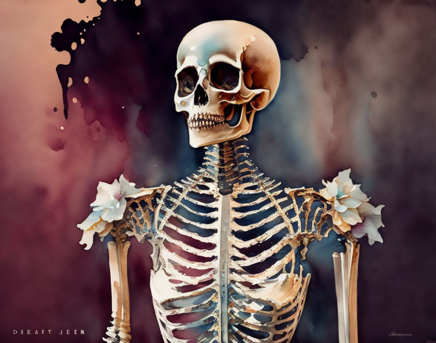 Human skeleton with floral skull on dark background