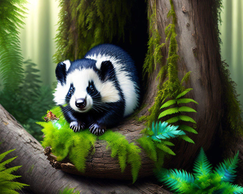 Cartoon badger on mossy log in lush forest scene