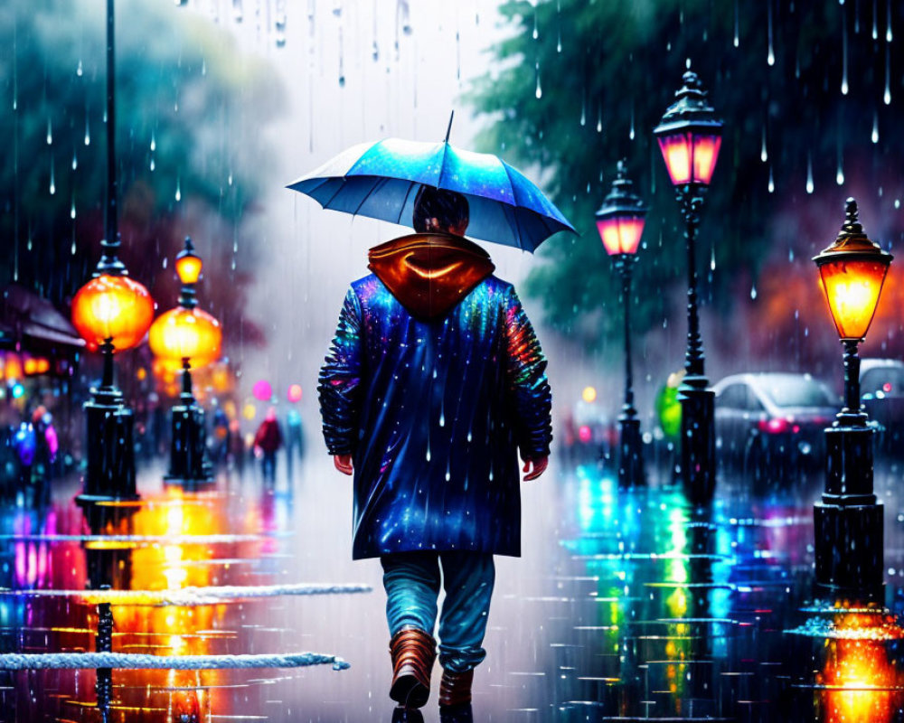 Person walking in rain with umbrella under glowing street lamps