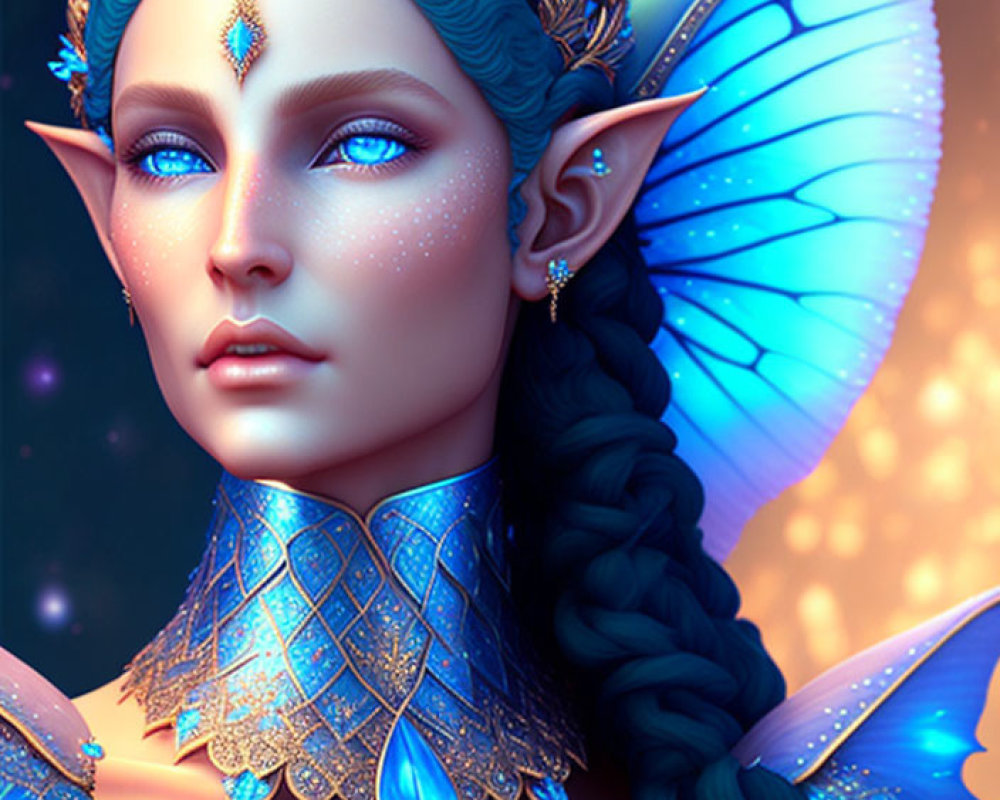 Fantasy digital art: Blue-skinned elf with intricate gold and blue headpiece.