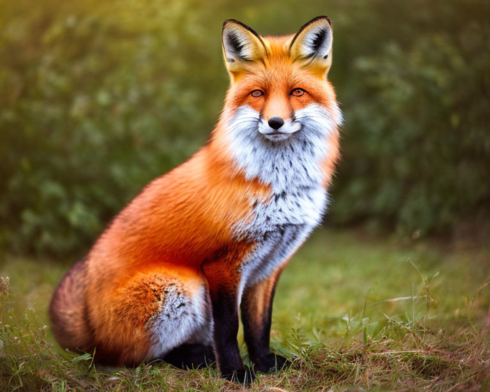 Red Fox Sitting Gracefully in Field with Bushy Tail and Attentive Gaze