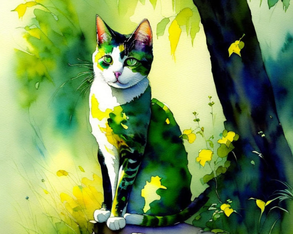 Vibrant watercolor painting of green cat in leafy setting