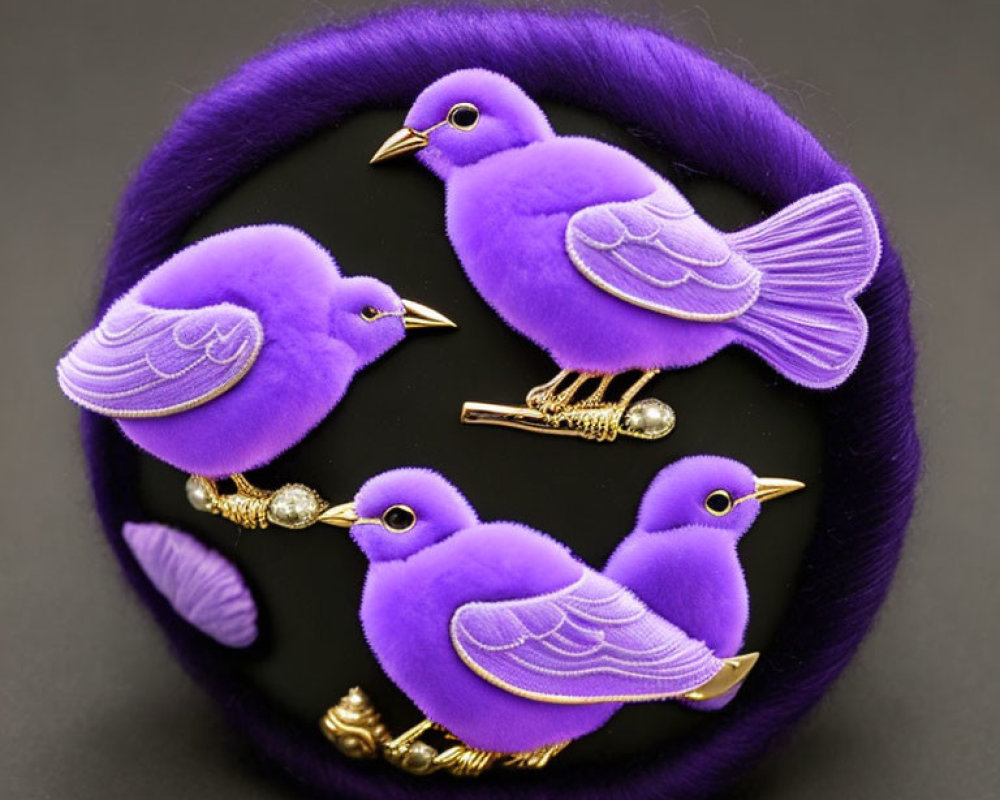 Purple Embroidered Bird Brooches with Golden Accents on Dark Background