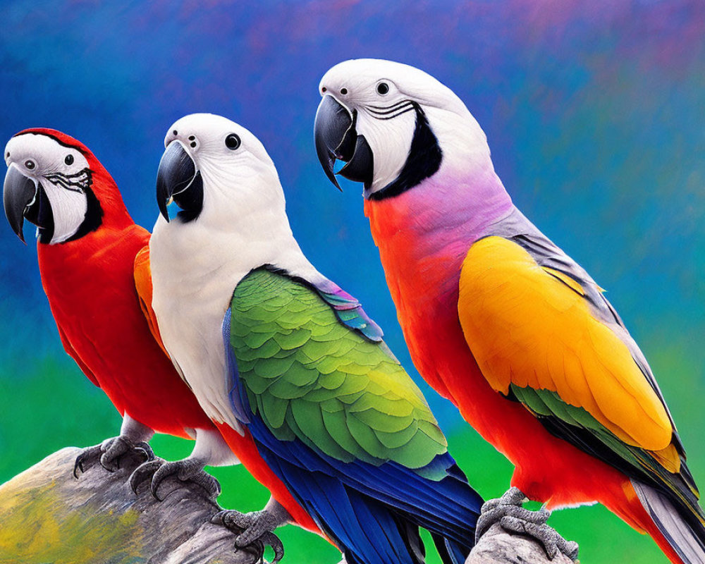 Colorful Parrots Perched on Branch Against Vibrant Background