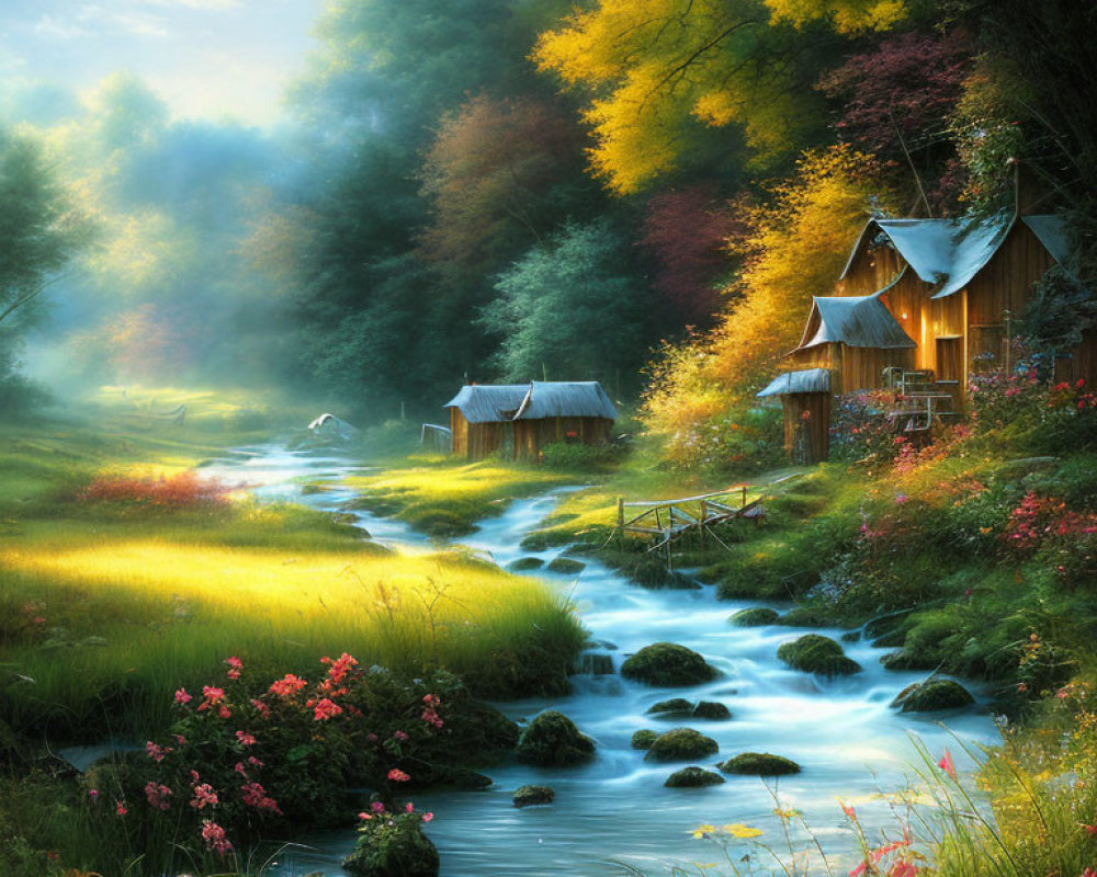 Tranquil stream in lush forest with cottages and misty ambiance