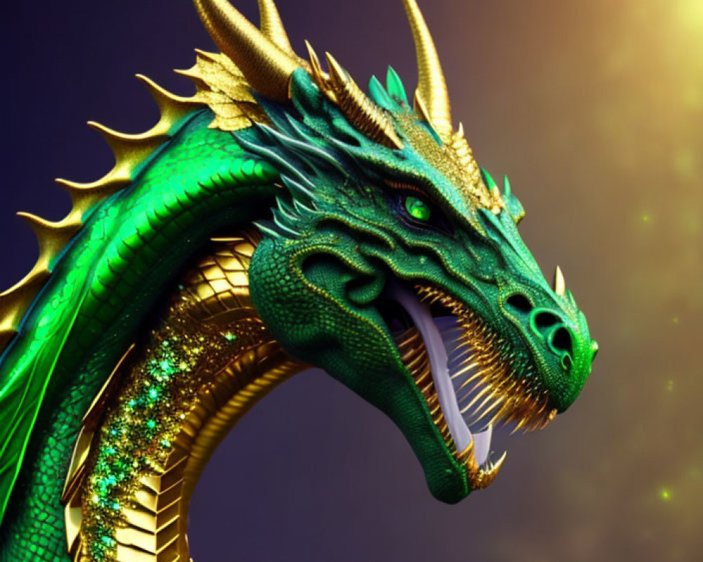 Majestic green and gold dragon in profile on dark starry background