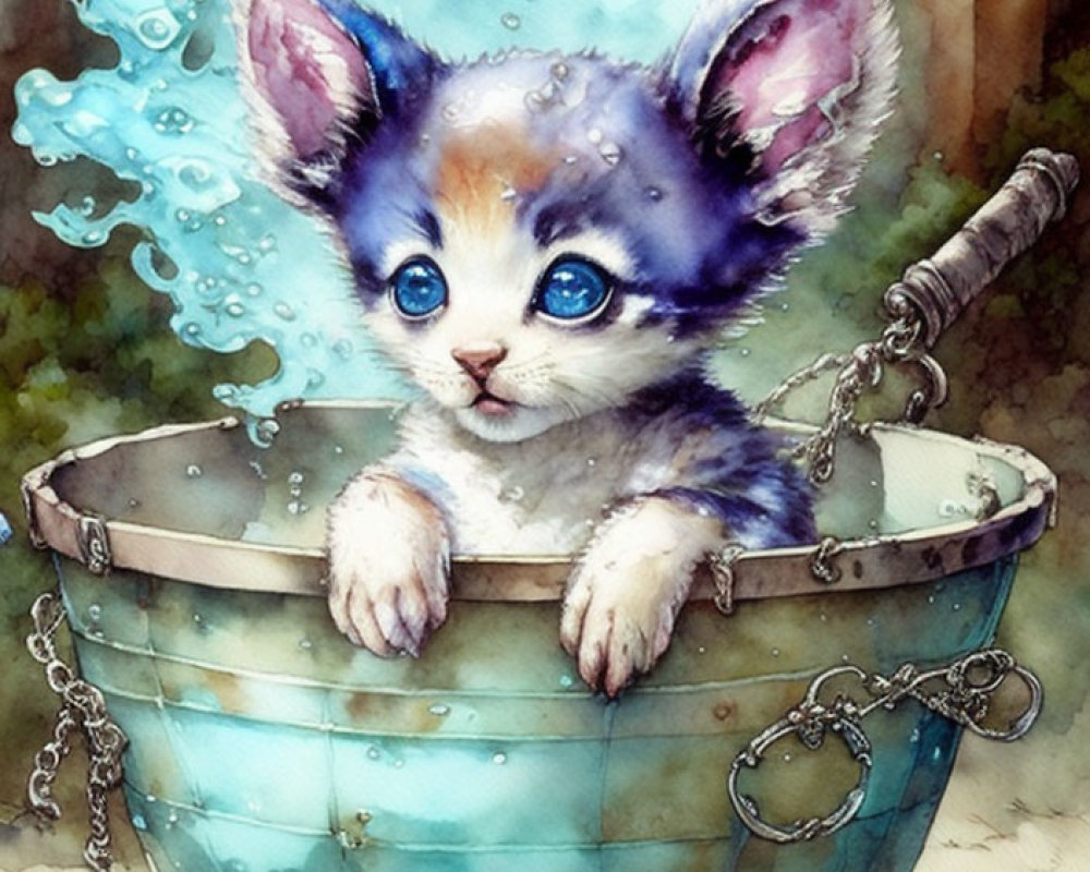 Blue and white fur kitten in bucket with splashing water and floating balls