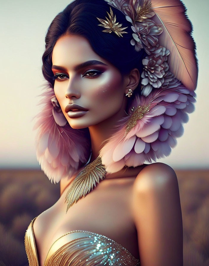 Woman with Feather Earrings and Gold Hair Accessory in Sparkling Dress