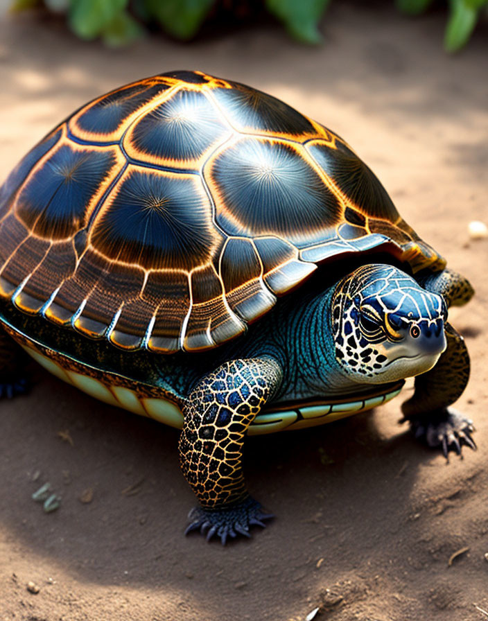 Colorful Turtle with Patterned Shell Walking on Soil with Vegetation