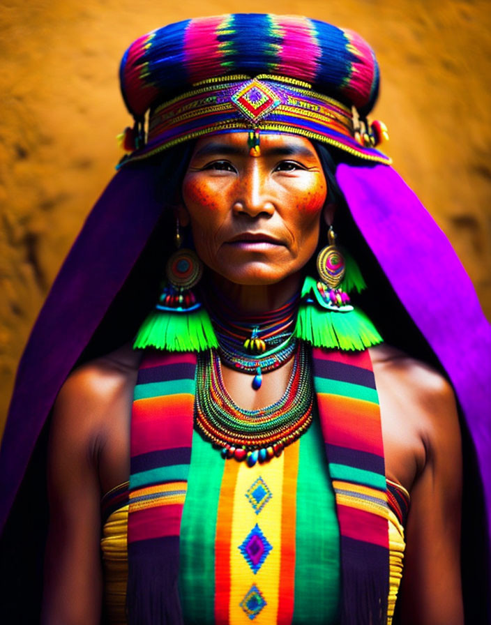 Traditional Attire with Multicolored Headpiece on Yellow Background