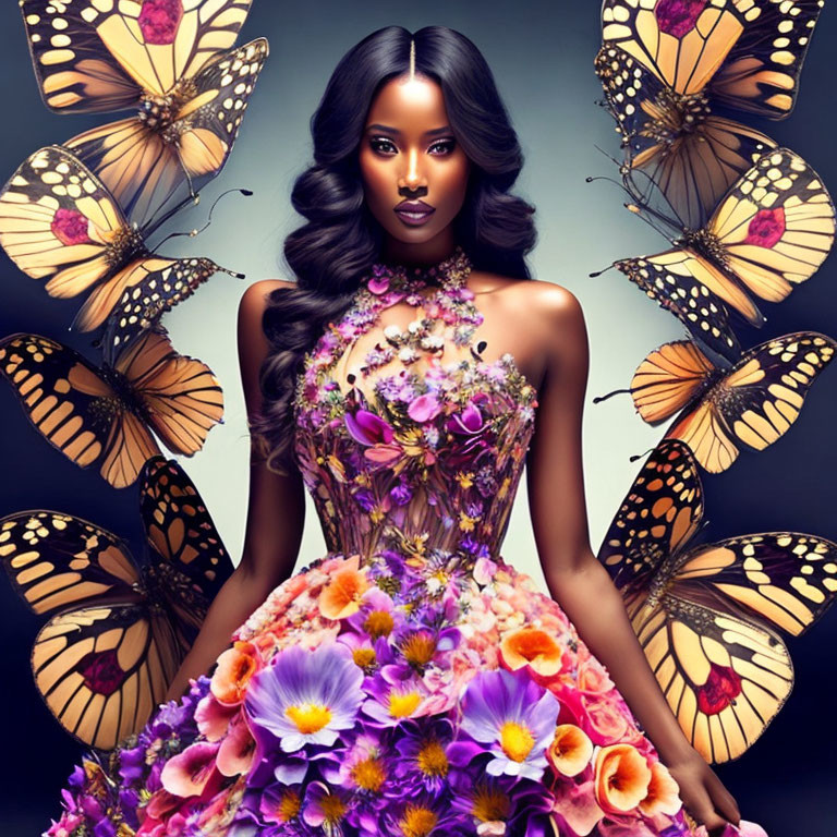 Woman in Floral Gown with Butterflies on Blue Background