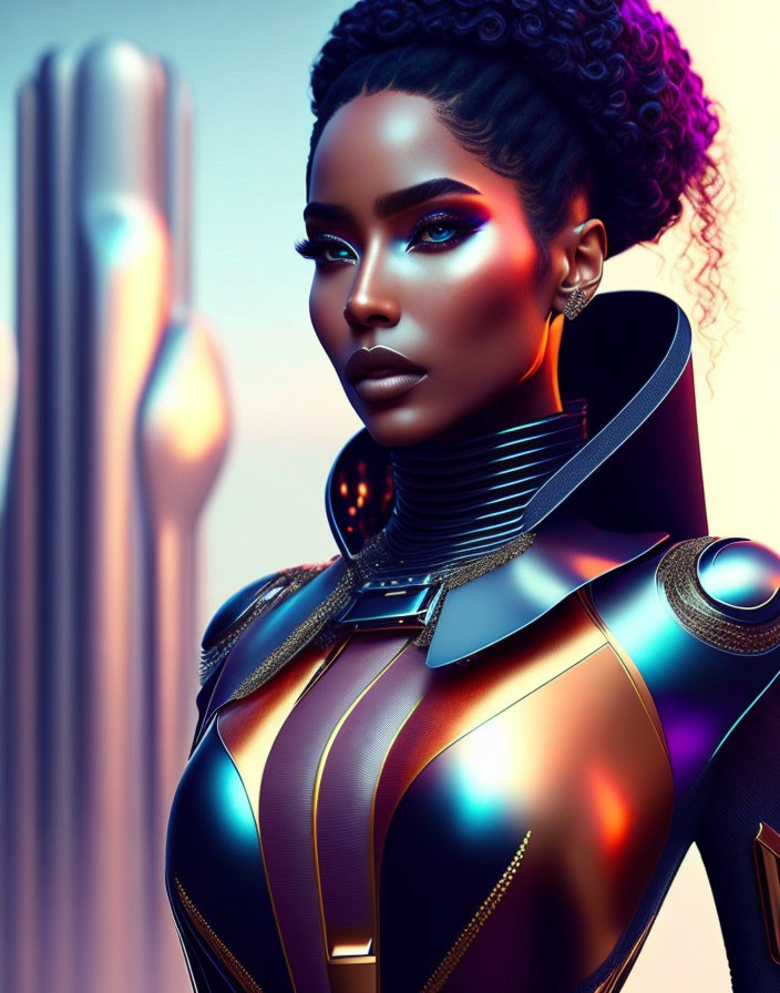 Detailed digital art portrait of a woman with futuristic armor and intricate hairstyle.