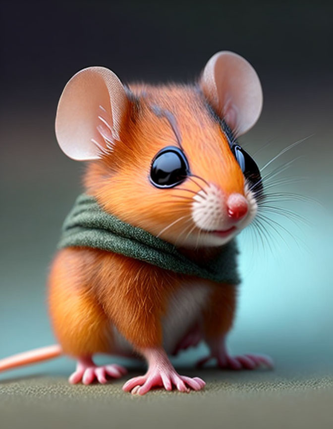 Whimsical digital illustration of cute anthropomorphized mouse in green scarf