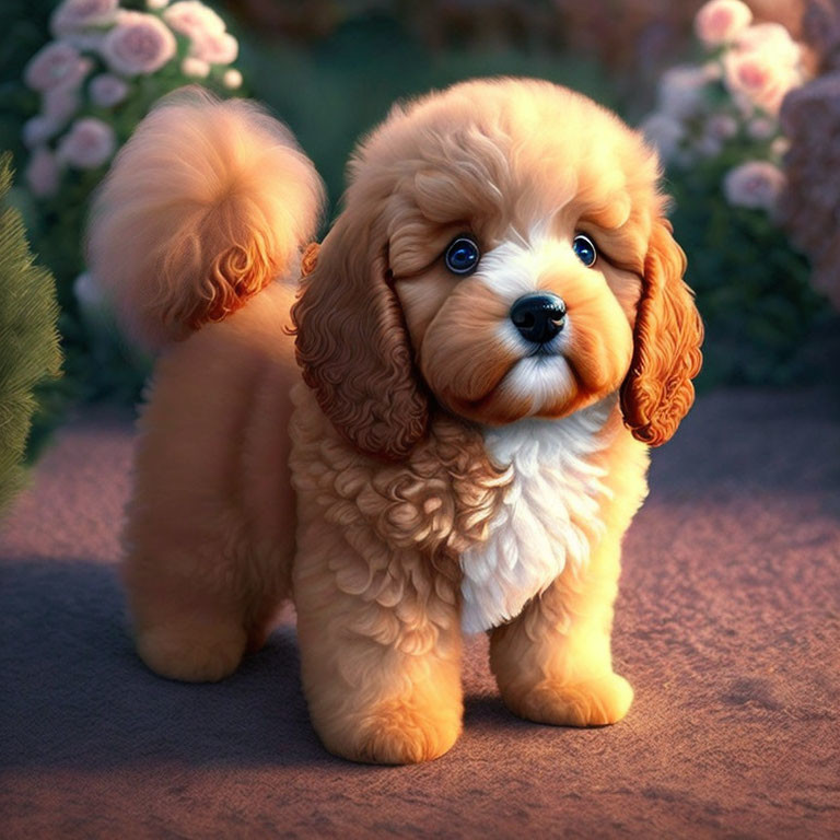 Fluffy brown puppy with blue eyes in twilight garden