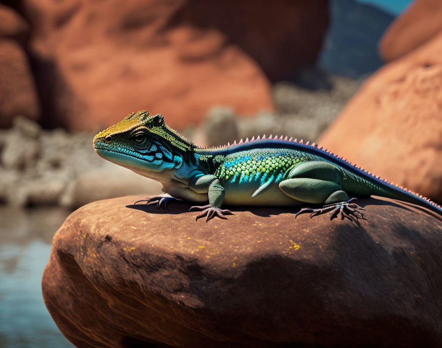 Vibrant blue and yellow lizard on red-brown rock