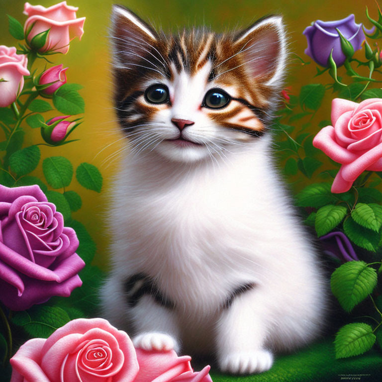 Tabby Kitten Surrounded by Pink and Purple Roses on Yellow-Green Background