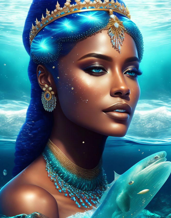 Blue-skinned woman with golden jewelry and dolphin in sparkling water