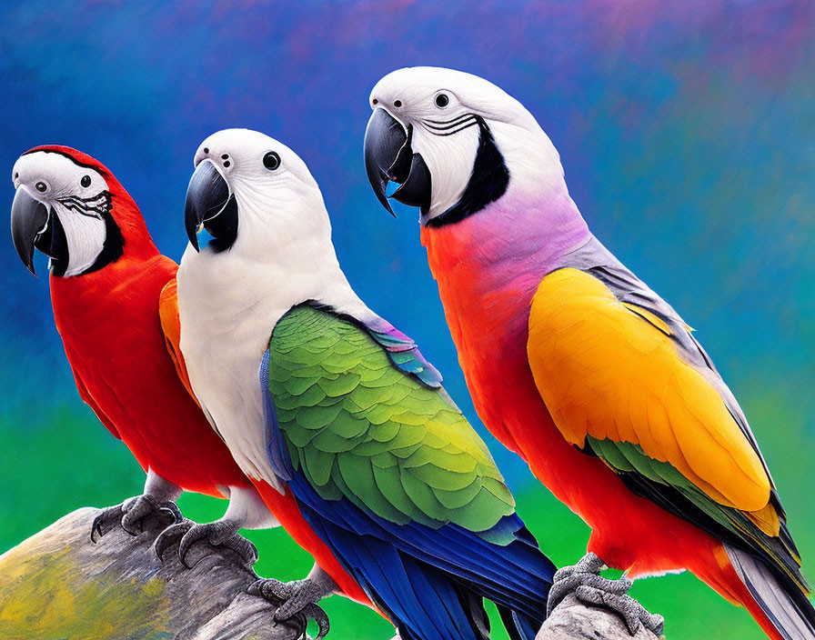 Colorful Parrots Perched on Branch Against Vibrant Background