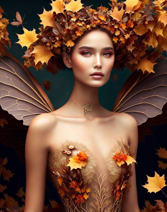 Woman adorned with autumn leaf crown and butterfly wings in fall fairy attire