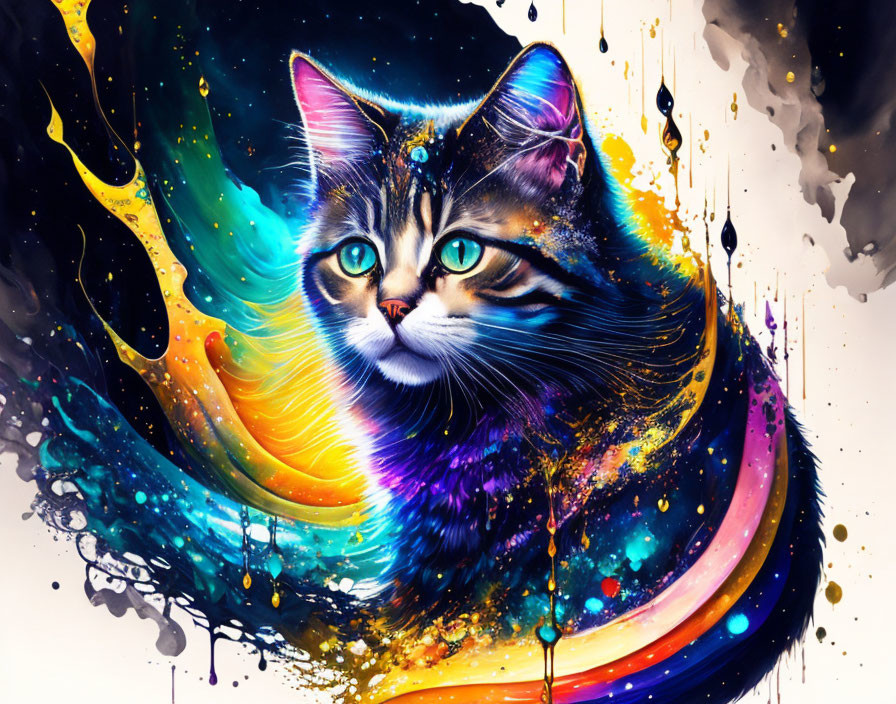 Colorful Cat Artwork with Cosmic Patterns and Vivid Colors