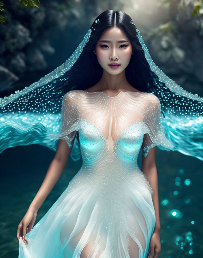 Ethereal woman in white dress standing in water surrounded by greenery