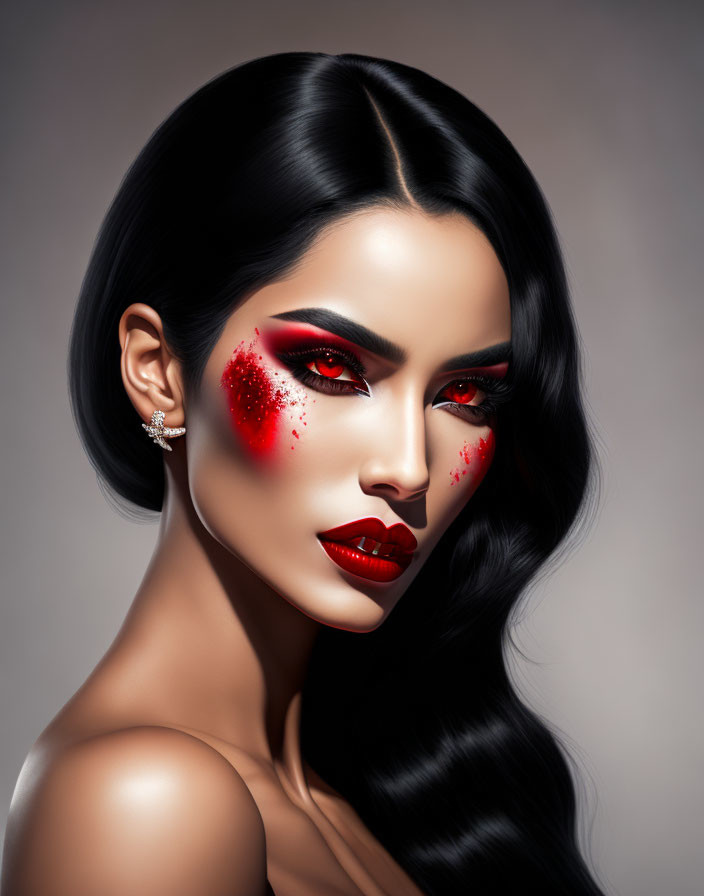 Portrait of Woman with Striking Red Makeup and Glitter Accents