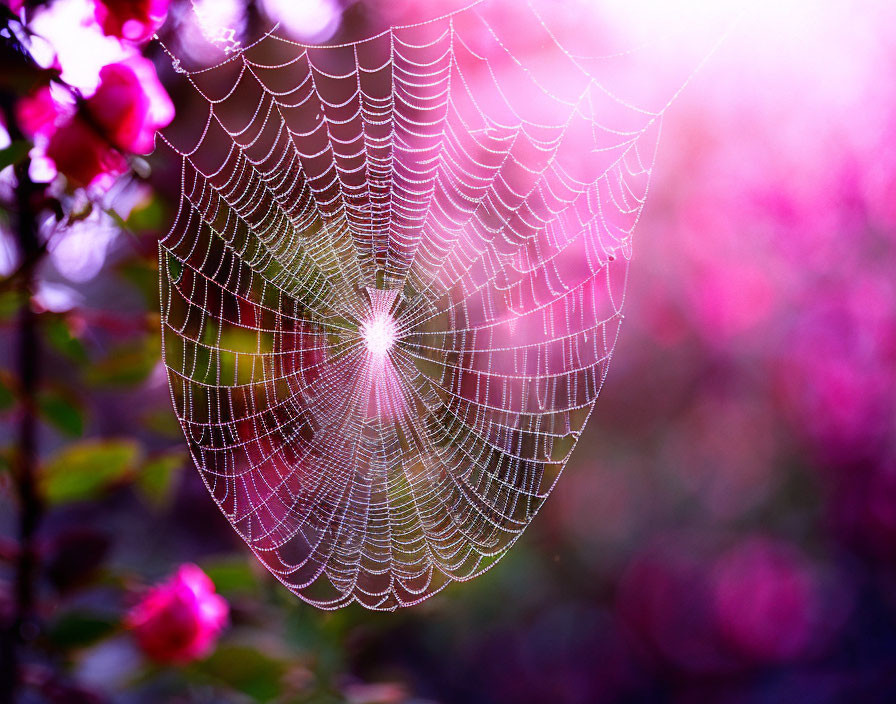 Dew-covered spiderweb shines in sunlight with pink and purple flowers