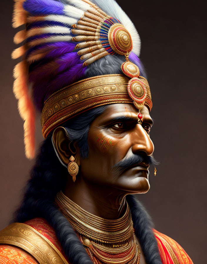 Digital artwork of man in traditional Indian attire with headdress & intricate jewelry