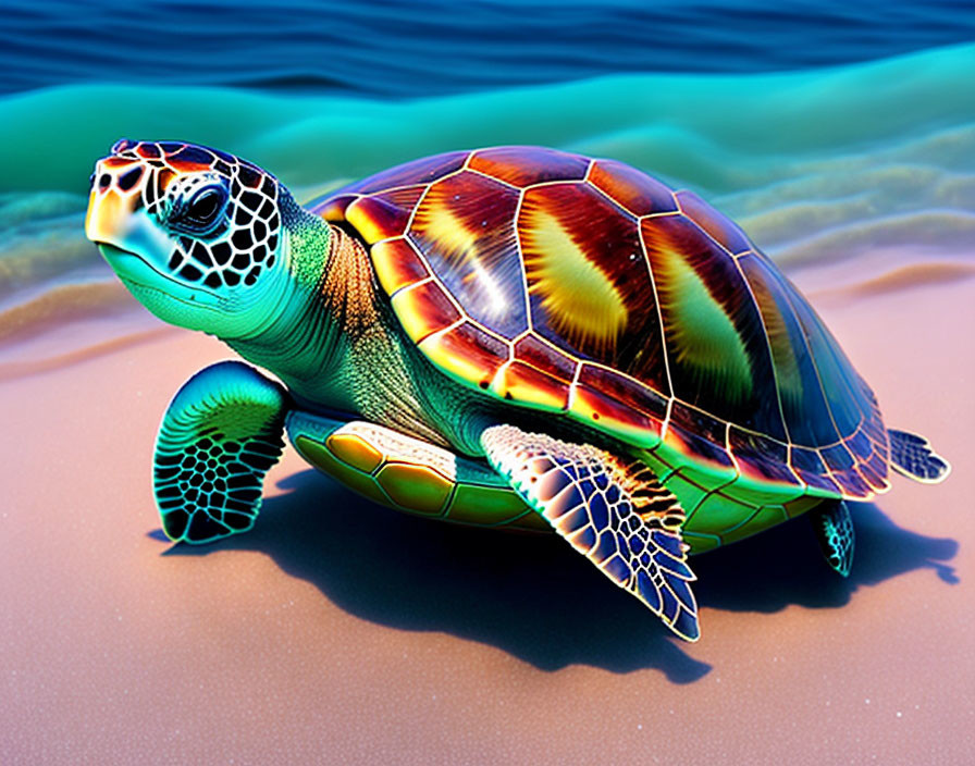 Colorful sea turtle on sandy beach with turquoise ocean background