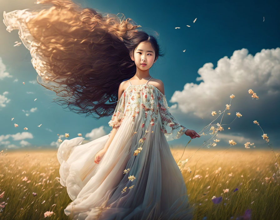 Young girl in flowing dress standing in meadow with billowing hair and surrounding clouds and petals