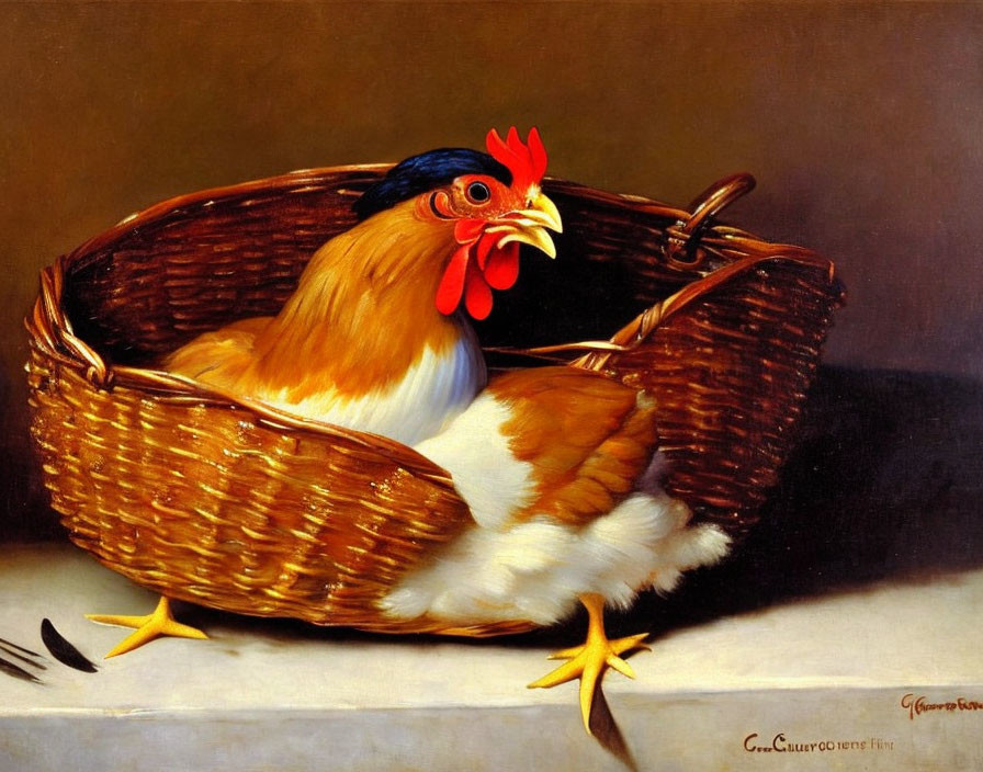 Realistic painting of brown and white hen in woven basket on plain background