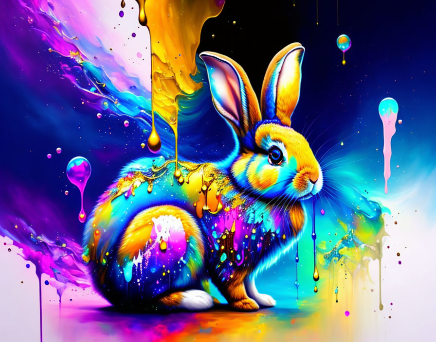 Colorful Rabbit Illustration with Neon Liquid Art on Cosmic Background