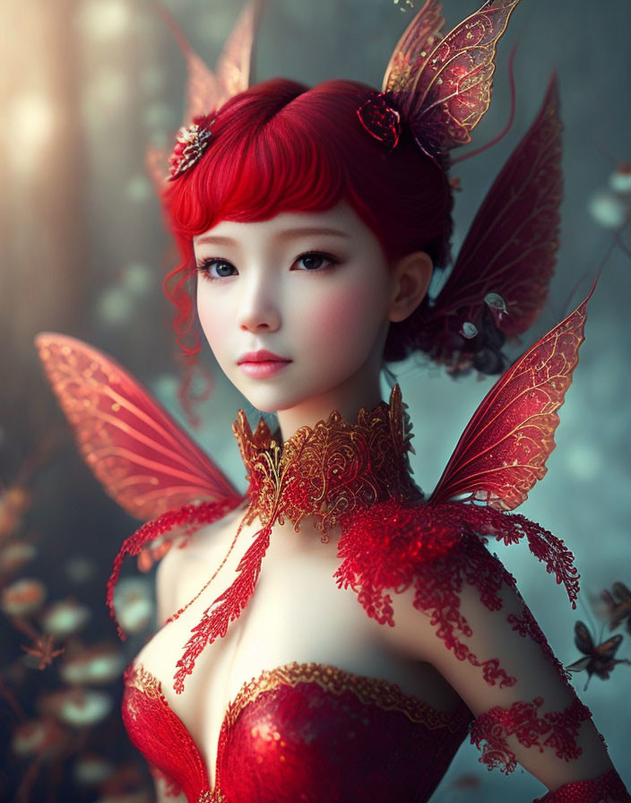 Vibrant red-haired fairy in ornate dress with wings in digital art