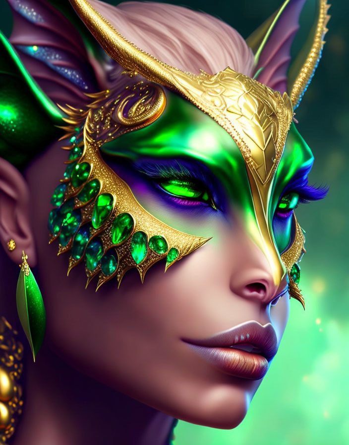 Digital artwork of female character with emerald green skin, golden mask, and elven features