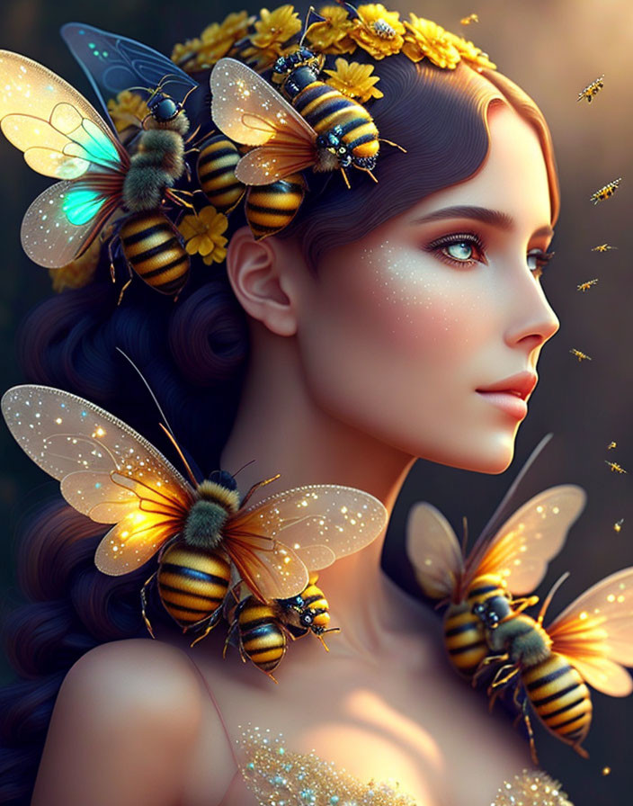 Woman surrounded by bees, butterflies, and flowers on dark background