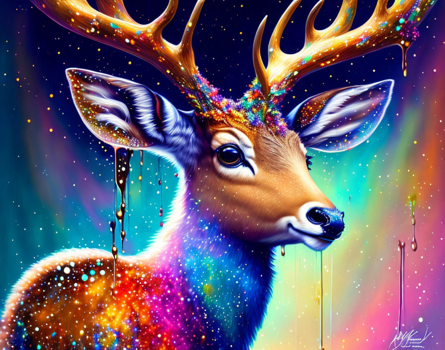 Vibrant stag digital art with glittery antlers in cosmic setting