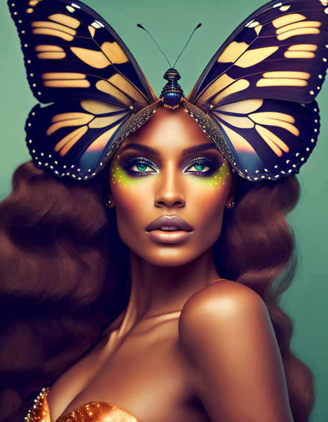 Woman with vibrant butterfly makeup and large headdress on soft green backdrop