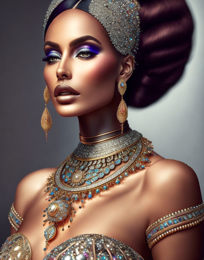 Stylish woman with bejeweled headpiece, blue eyeshadow, gold jewelry,