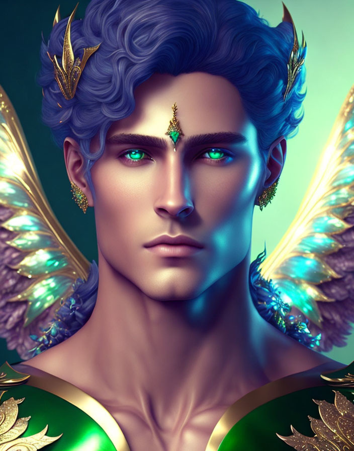 Fantasy character with blue hair, green eyes, gold adornments, and glowing wings