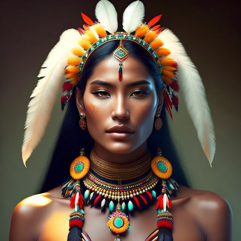 Native American-inspired headdress with vivid feathers and beaded jewelry.