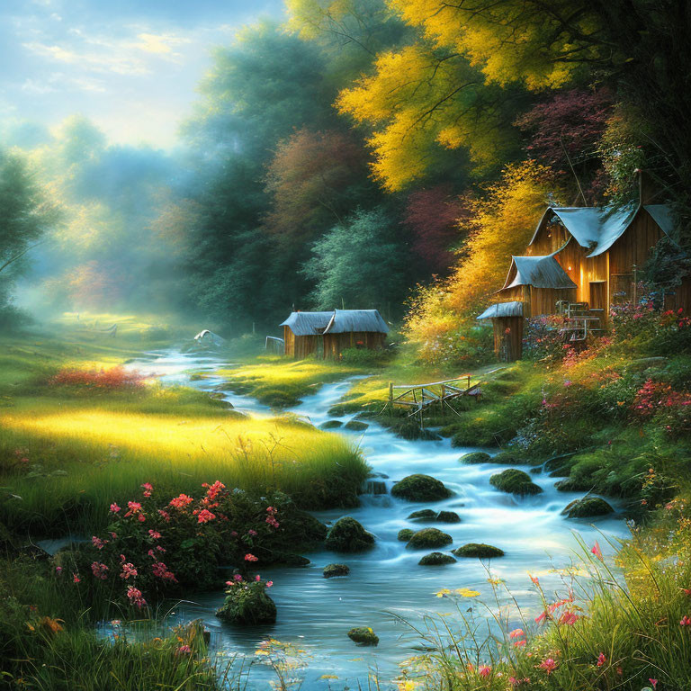 Tranquil stream in lush forest with cottages and misty ambiance