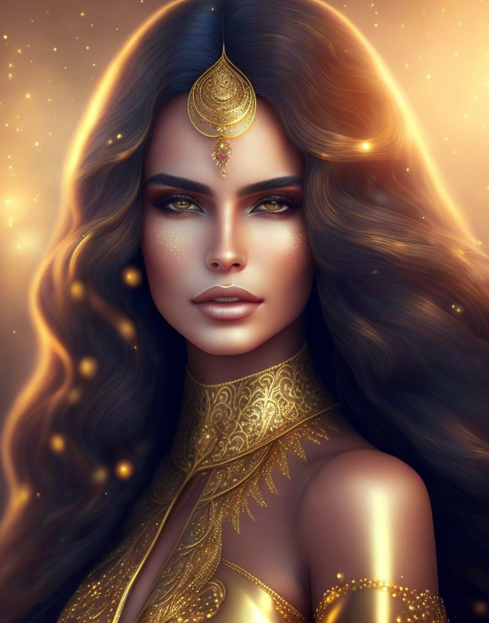 Digital artwork of woman with flowing hair and golden jewelry on shimmering backdrop