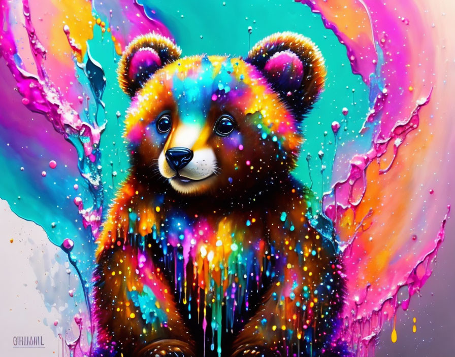 Vibrant Bear Artwork with Dripping Rainbow Background